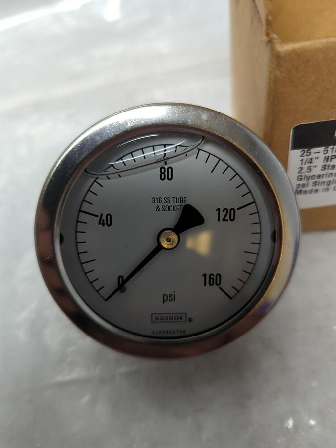 NOSHOK,25-510-160,GAUGE 2-1/2 IN FACE 1/4 IN NPT BACK CONNECTION 0-160PSI NOS