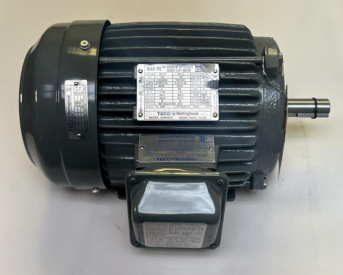 TECO-WESTINGHOUSE,NP0022,SEVERE DUTY MOTOR 2HP 3465RPM 230/460V 145T FRAME NOS
