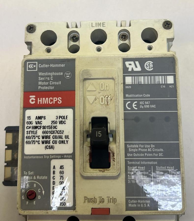 Used CUTLER-HAMMER,HMCPS015E0C,CIRCUIT BREAKER 15A 600V 3P