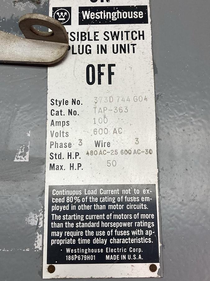 Used Westinghouse,tap 363,Fusible BUS PLUG BUSWAY 100A 600V