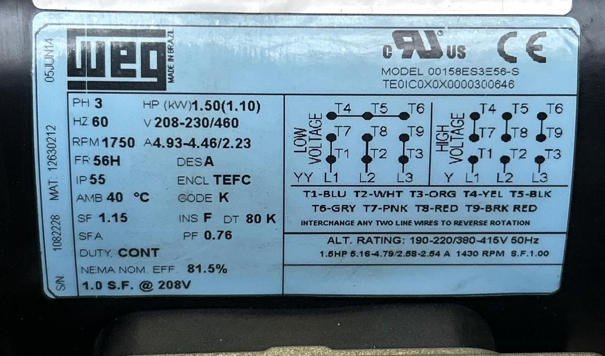 WEG,00158ES3E56-S,MOTOR 1.5HP 1750RPM 208-230/460V 3PH 56H FRAME NOS