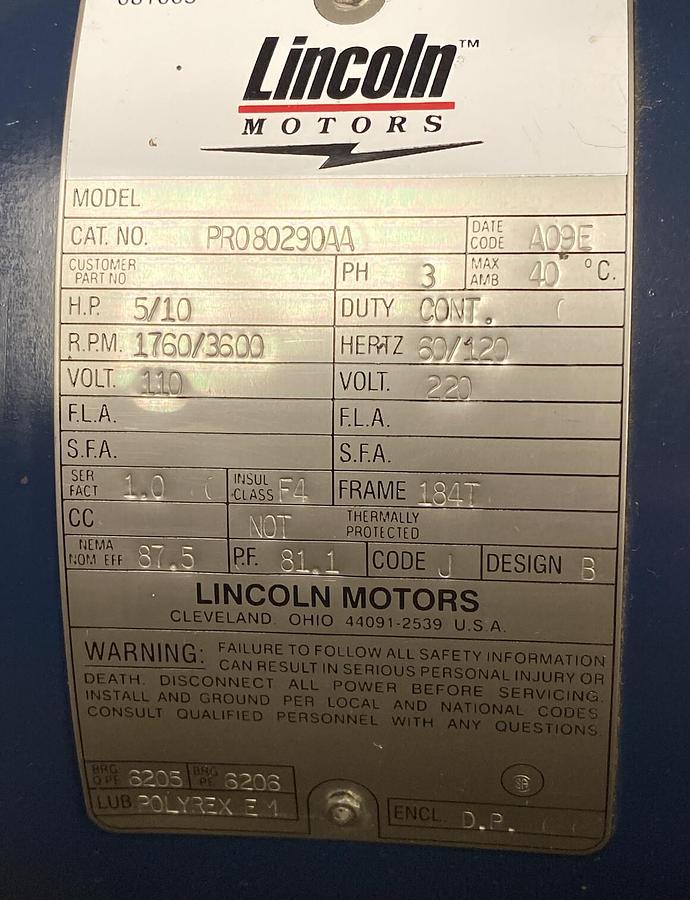 Lincoln,PR080290AA,Motor 5/10HP 1760/3600 110/220V 3 Phase Frame 184T NOS