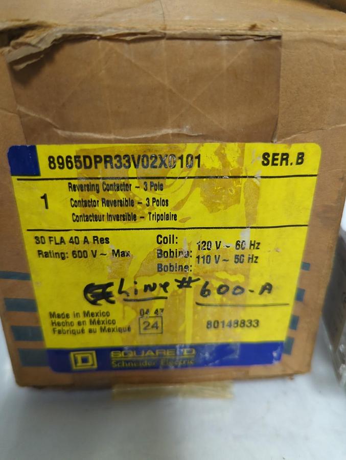 SQUARE D,8965DPR33V02X0101,SERIES B REVERSING HOIST CONTACTOR 30 AMP NOS