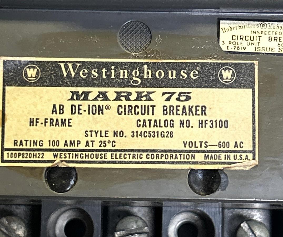Used WESTINGHOUSE,HF3100,CIRCUIT BREAKER 100A 600V 3P