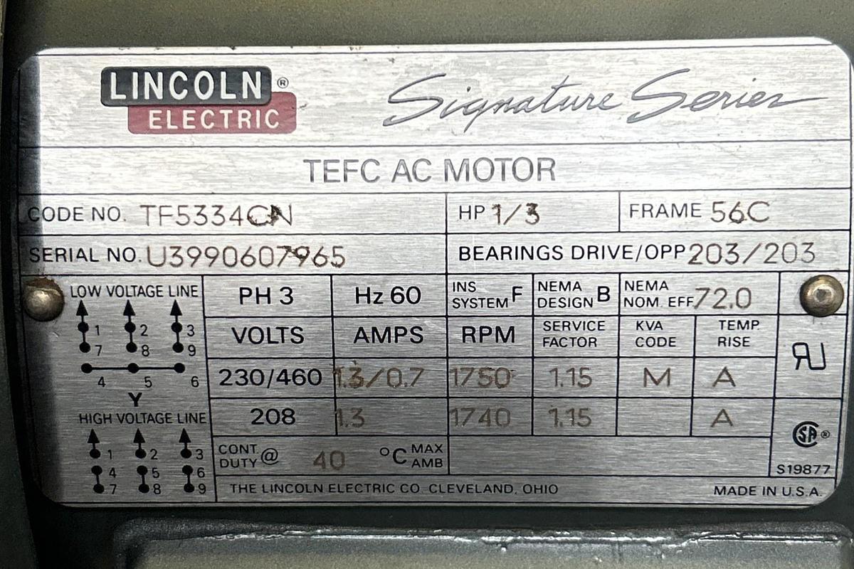 LINCOLN,TF5334CN,AC MOTOR 1/3HP 1750RPM 230/460V 3PH 56C FRAME NOS