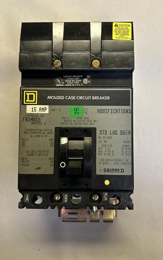 Used SQUARE D,FA34015,I-LINE CIRCUIT BREAKER 15A 480V 3P