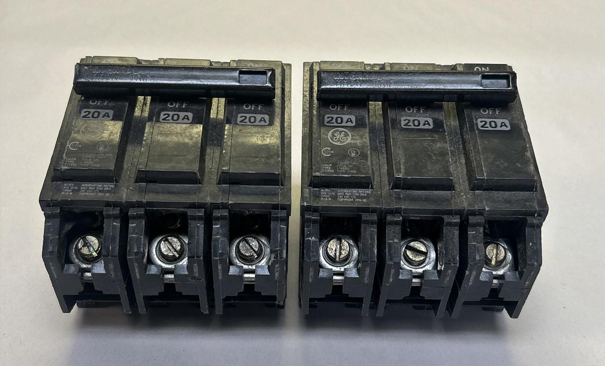 Used GENERAL ELECTRIC,THQB320,CIRCUIT BREAKER 20A 600V 3P LOT OF 2