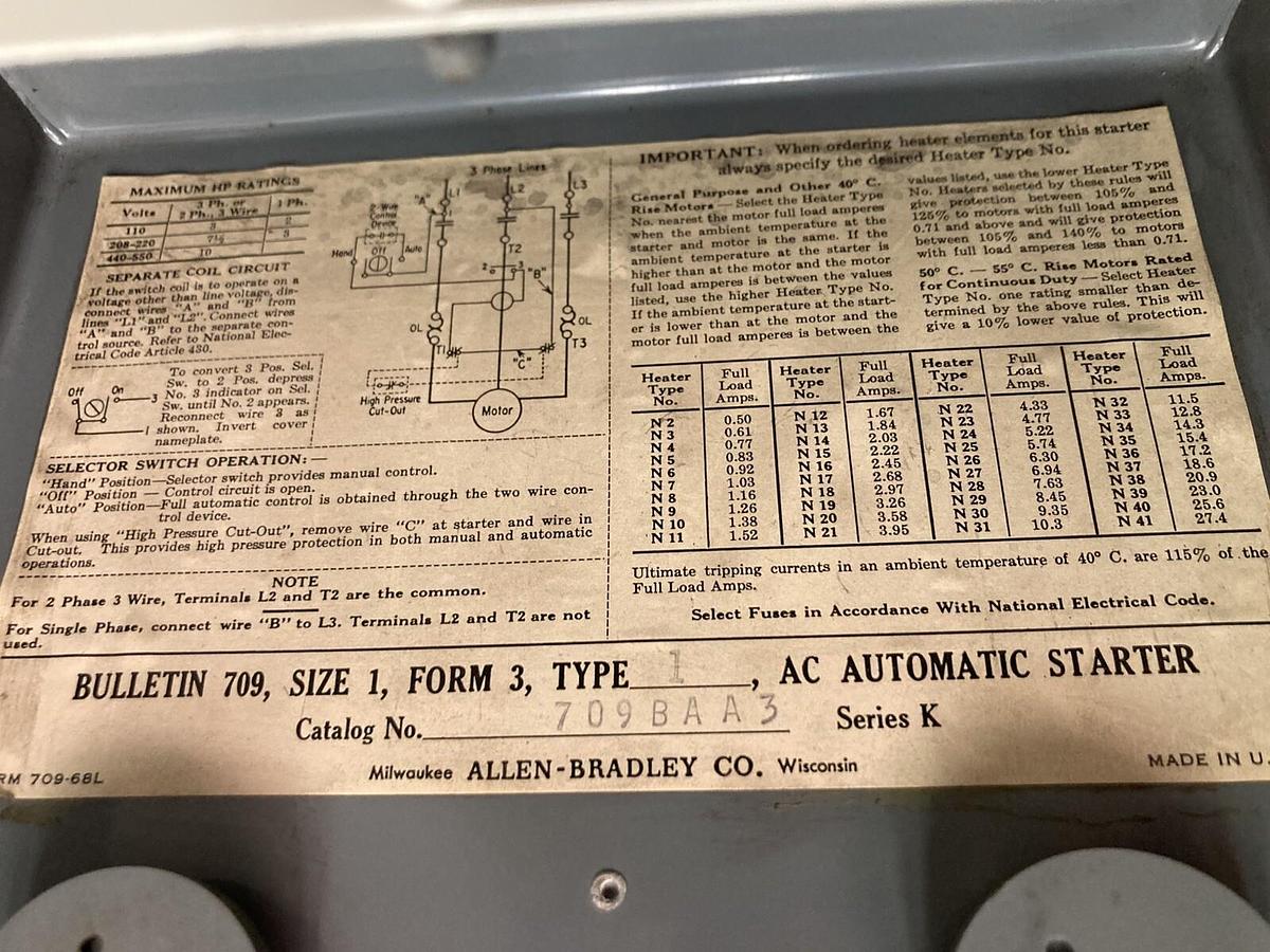 Used Allen-Bradley,709-BAA3,AC Automatic Starter Enclosure Type 1 Size 1 Ser K