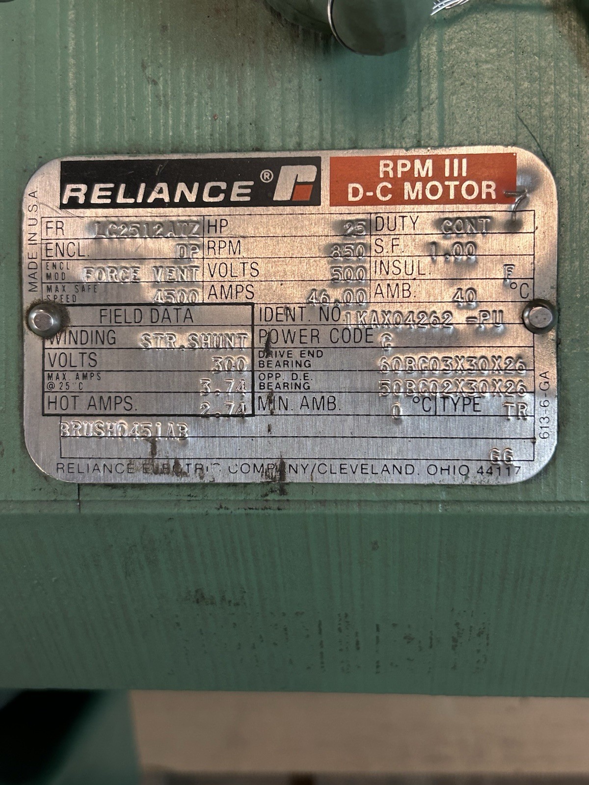 Used RELIANCE,LC2512ATZ,DC MOTOR 25HP 500V 850RPM LC2512ATZ FRAME