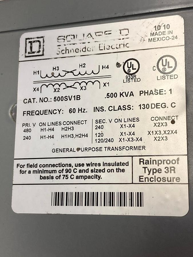 Used Square D,500SV1B,1-Phase Transformer 0.500VA 240/480VAC
