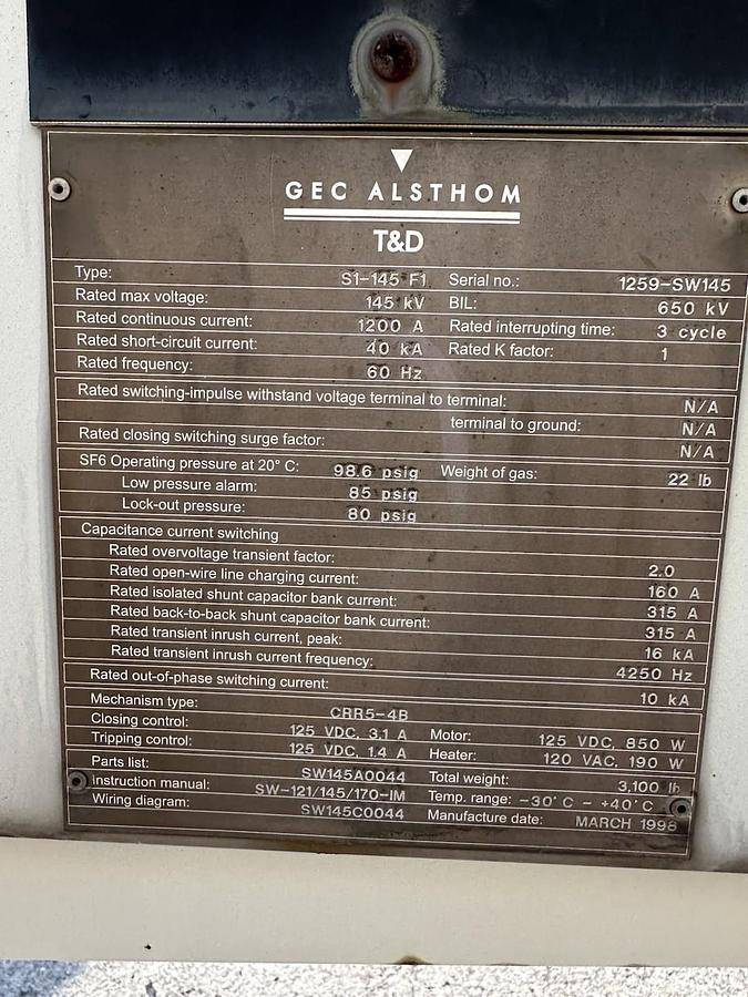 Used GEC Alsthom T&D,S1-145-F1,145KV 1200A 60 Hz High Voltage Circuit Breaker