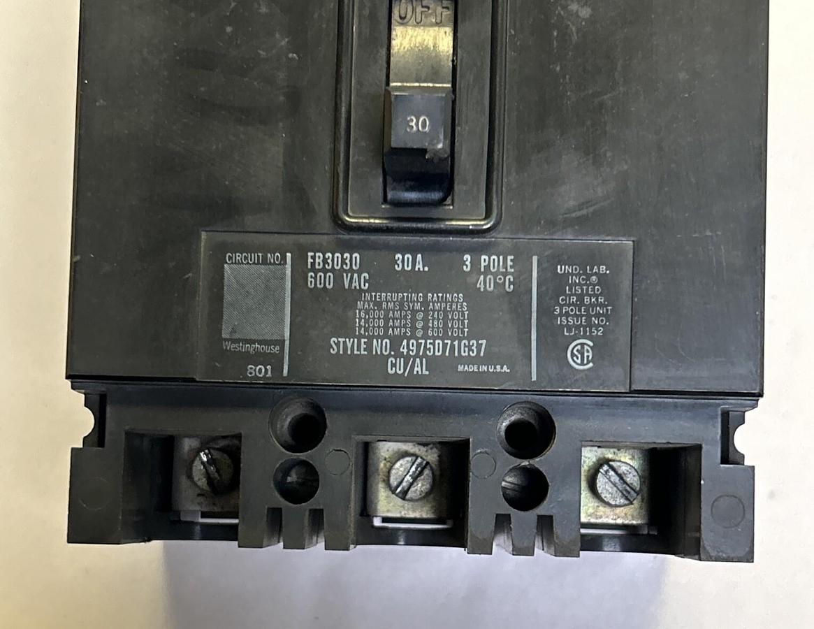 Used WESTINGHOUSE,FB3030,CIRCUIT BREAKER 30A 600V 3P