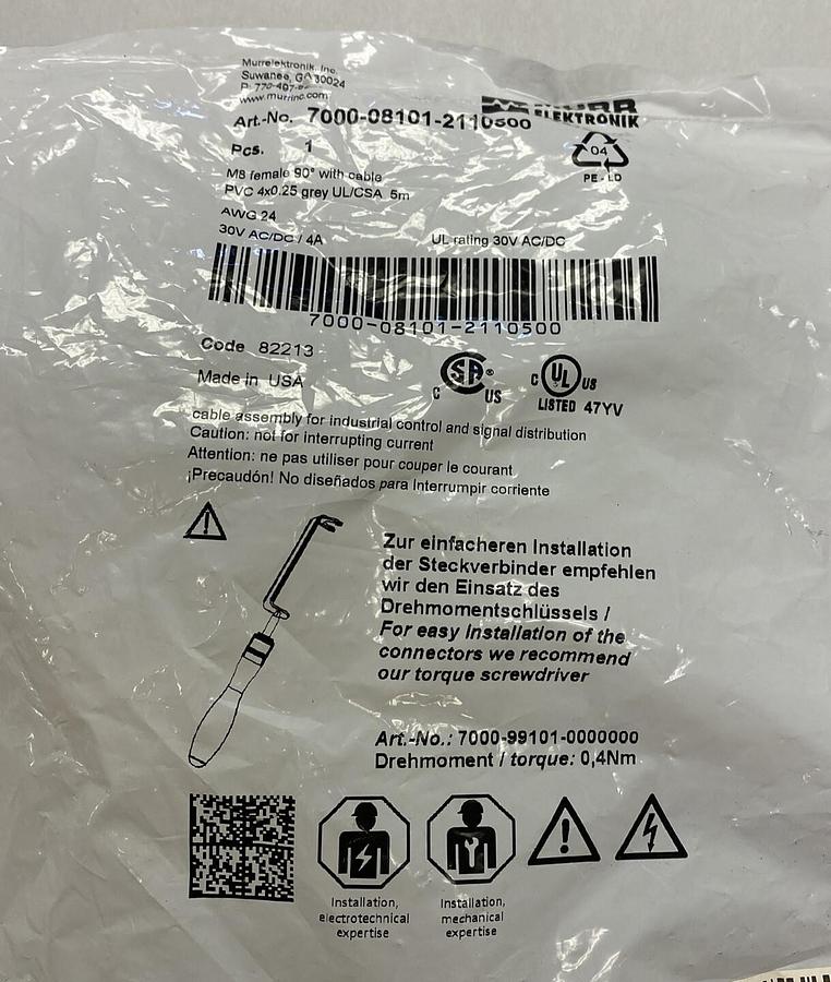 Used MURR ELEKTRONIK,7000-08101-2110500 M8, FEMALE 90° WITH CABLE NEW