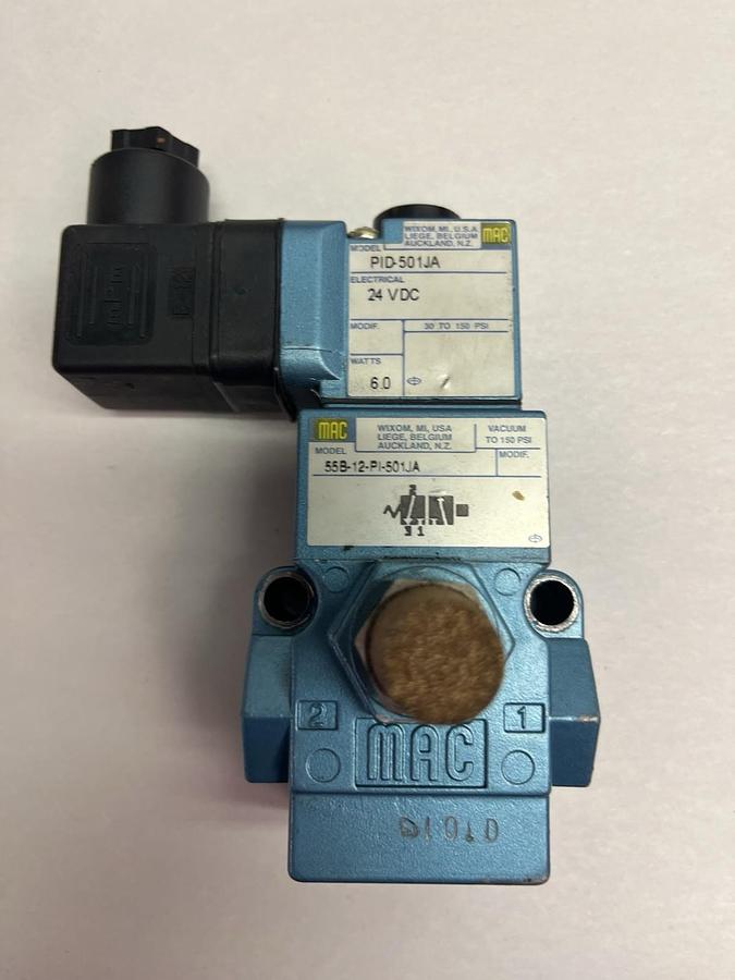 Used MAC,55B-12-PI-501JA,PNEUMATIC VALVE SOLENOID PID-501JA 24VDC