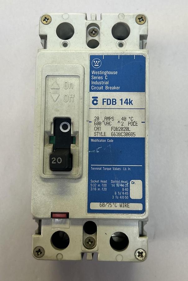 Used WESTINGHOUSE,FDB2020L,CIRCUIT BREAKER 20A 600V 2P