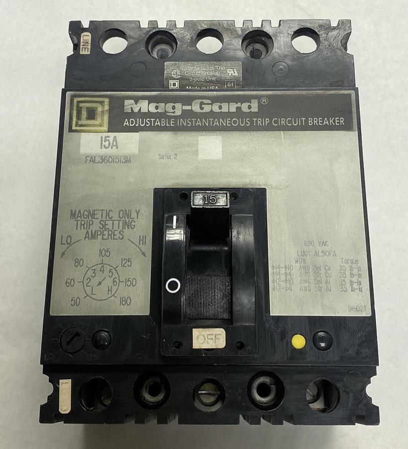 Used SQUARE D,FAL3601513M,CIRCUIT BREAKER 15A 600V 3 POLE