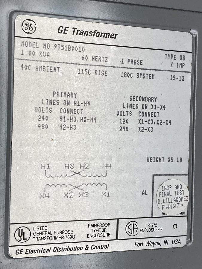 General Electric,Model 9T51B0010,1-Phase Transformer 60Hz 1KVA