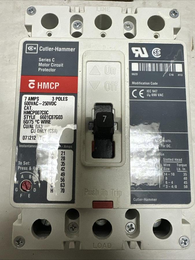Used Cutler-Hammer,HMCP007COC,Circuit Breaker 7Amp 600VAC 250VDC 3 Pole