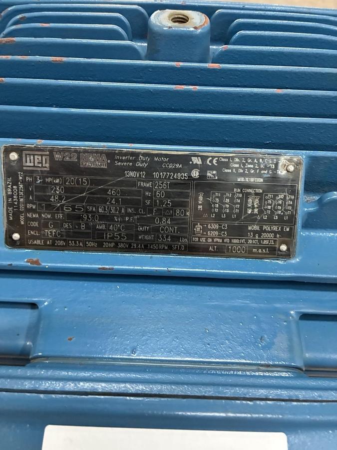 WEG,02018ET3E256T-W22,SEVERE INVERTER DUTY MOTOR 20HP 1765RPM 256T