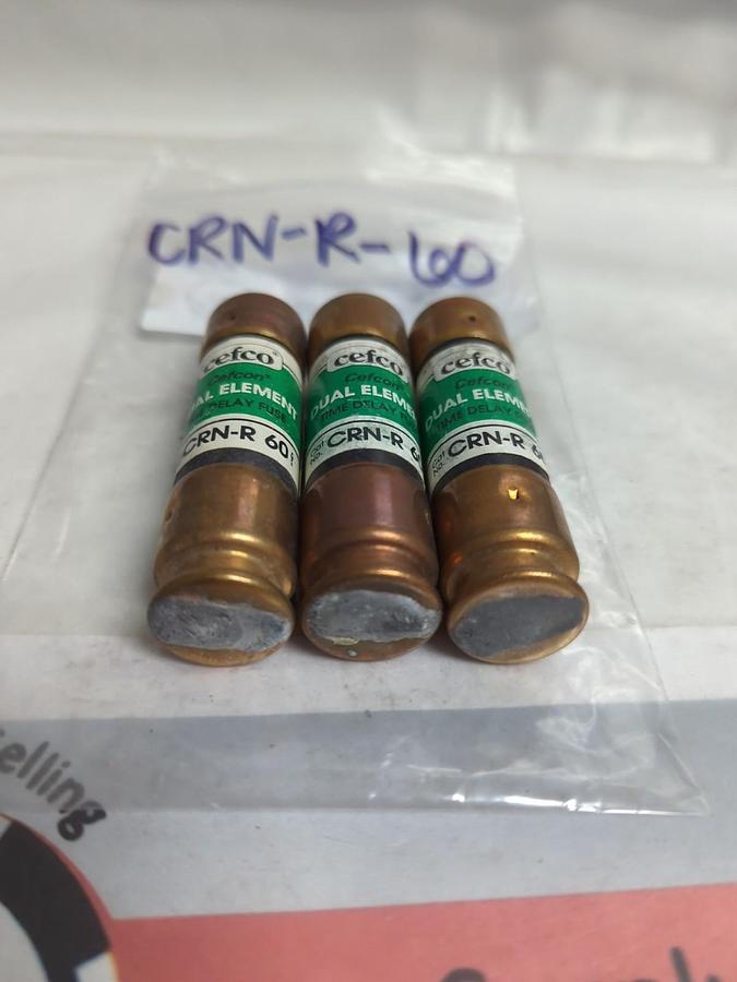 Used CEFCO,CRN-R-60,DUAL ELEMENT FUSE 60 AMP LOT OF 3 PRE-OWNED