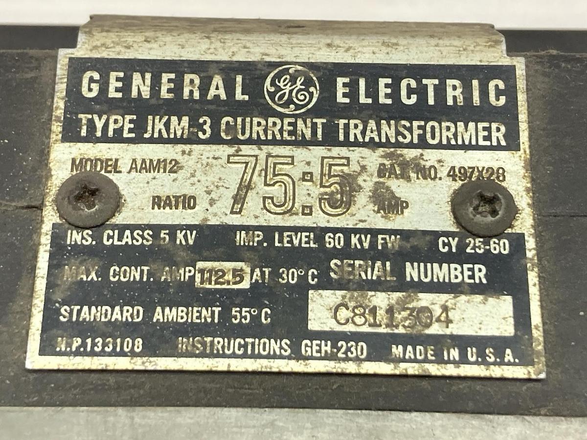Used General Electric,Model AAM12 Type JKM-3,Current Transformer 497x28 Ratio 75:5