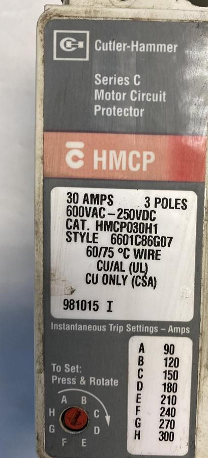 Used Cutler-Hammer,HMCP030H1,Series C Motor Circuit Protector 30AMP 600VAC 250VDC 3 P