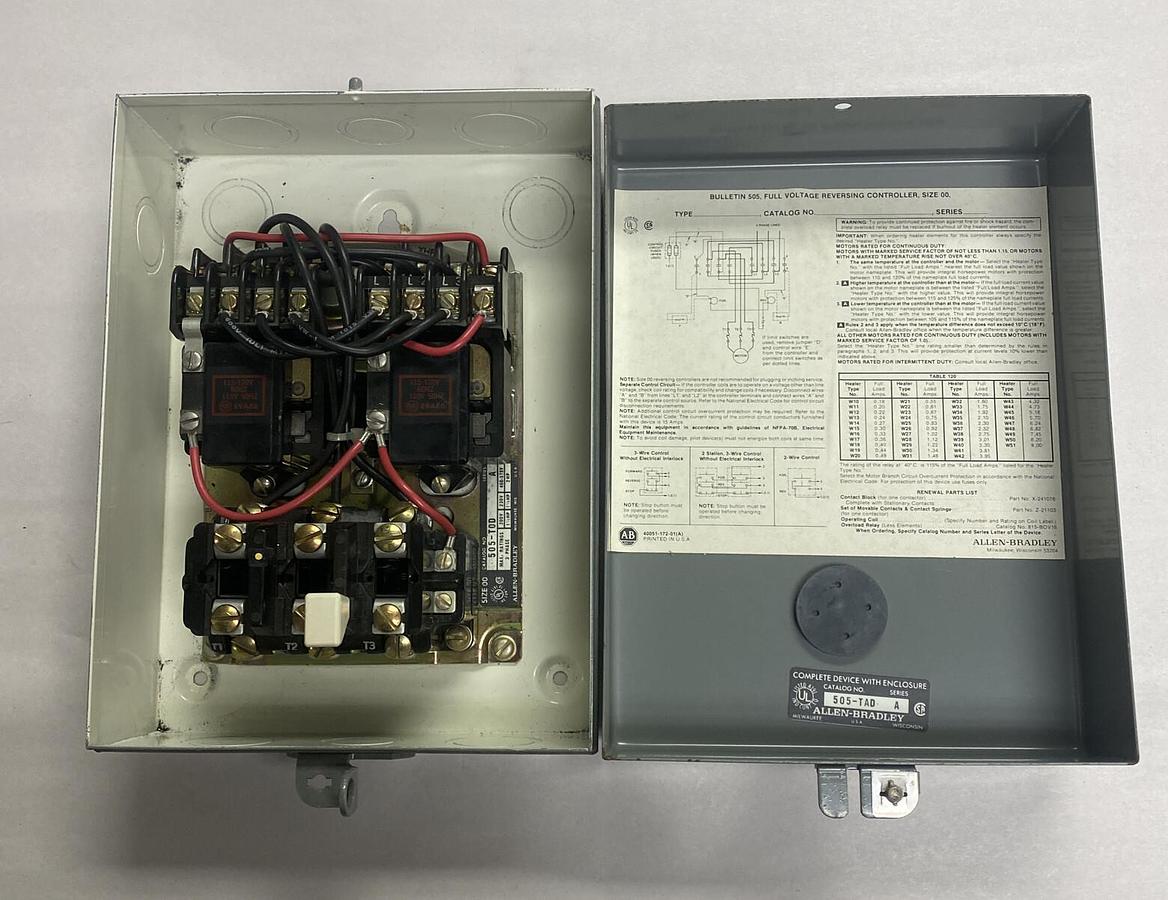 ALLEN BRADLEY,505-TAD,FULL VOLTAGE REVERSING CONTROLLER SIZE 00 505-T0D NOS
