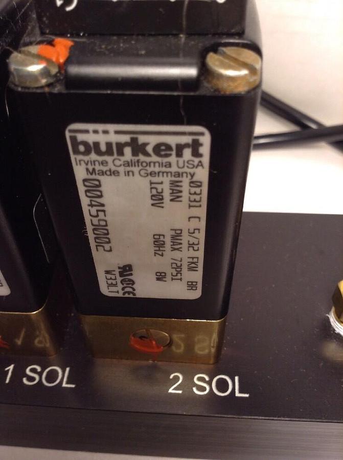 Used Burkert,00459002 0331 C 5/32 FKM BR MAN 72, Solenoid Valves on block w/ wiring