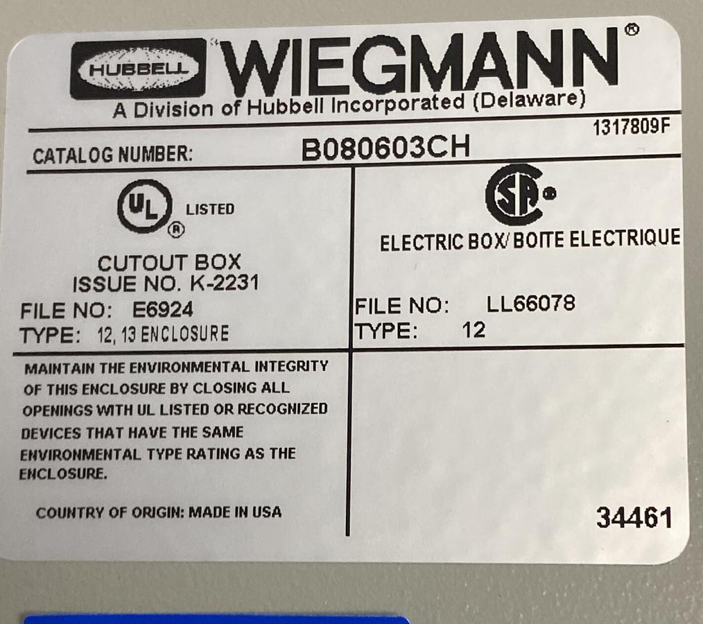 Hubbell Wiegmann,B080603C,Gray Metal Electrical Enclosure 8INx6INx3IN New