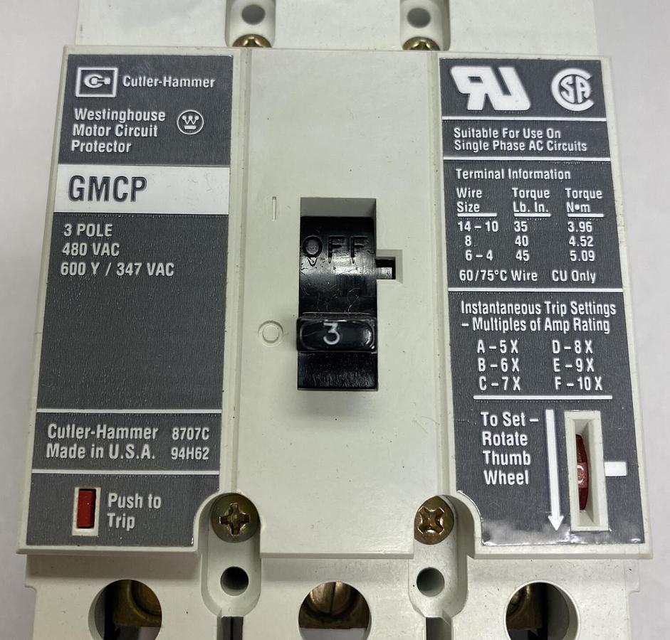 Used WESTINGHOUSE,GMCP003A0C,CIRCUIT BREAKER 3A 3POLE 480V NEW