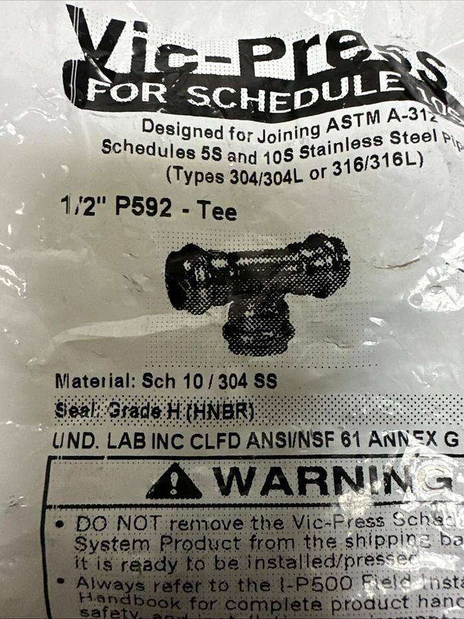 Used VIc-Press,P592,1/2" Tee Sch 10/304SS