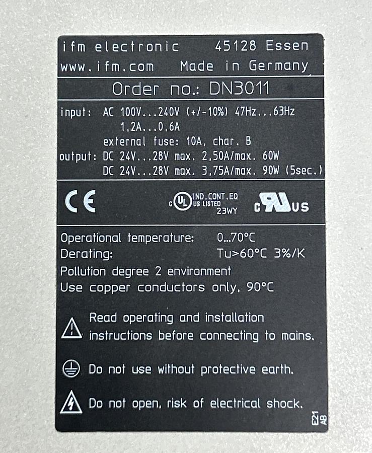 Used EFECTOR IFM,DN3011,POWER SUPPLY 24 VDC 2.5A