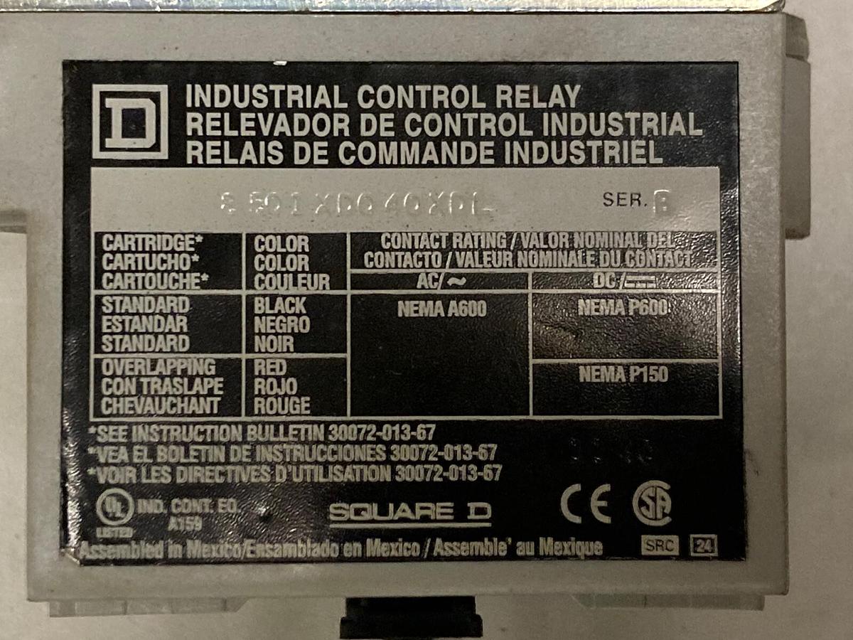 Used Square D,8501XD040XDL,Control Relay Ser B