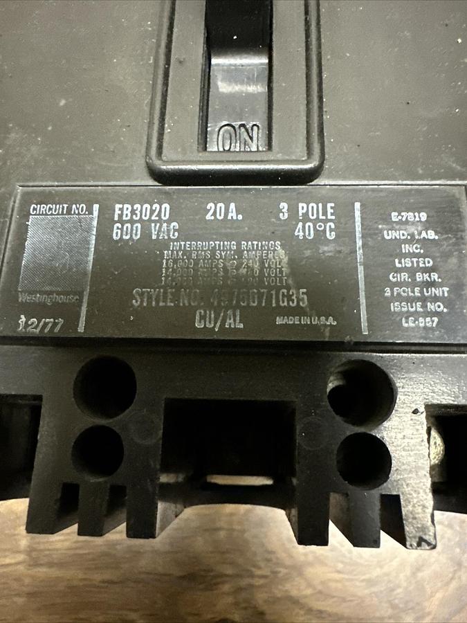 Used Westinghouse,FB3020,20 Amp 600V Breaker