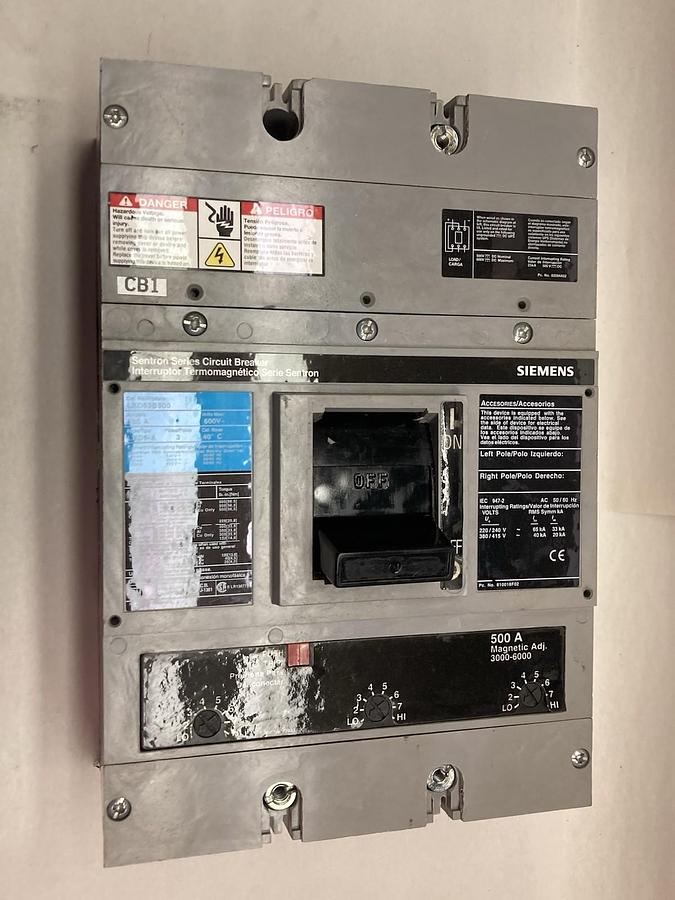 Used Siemens,LXD63B500,3-Pole Circuit Breaker 500A 600V