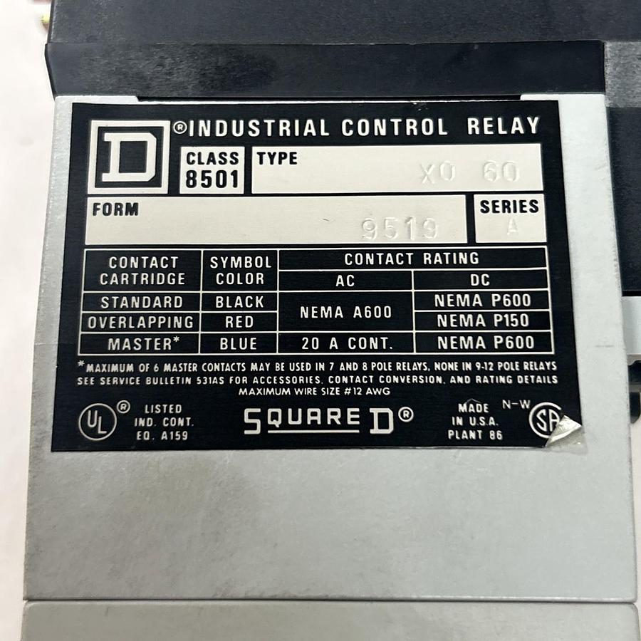 Used SQUARE D,8501X060,INDUSTRIAL CONTROL RELAY