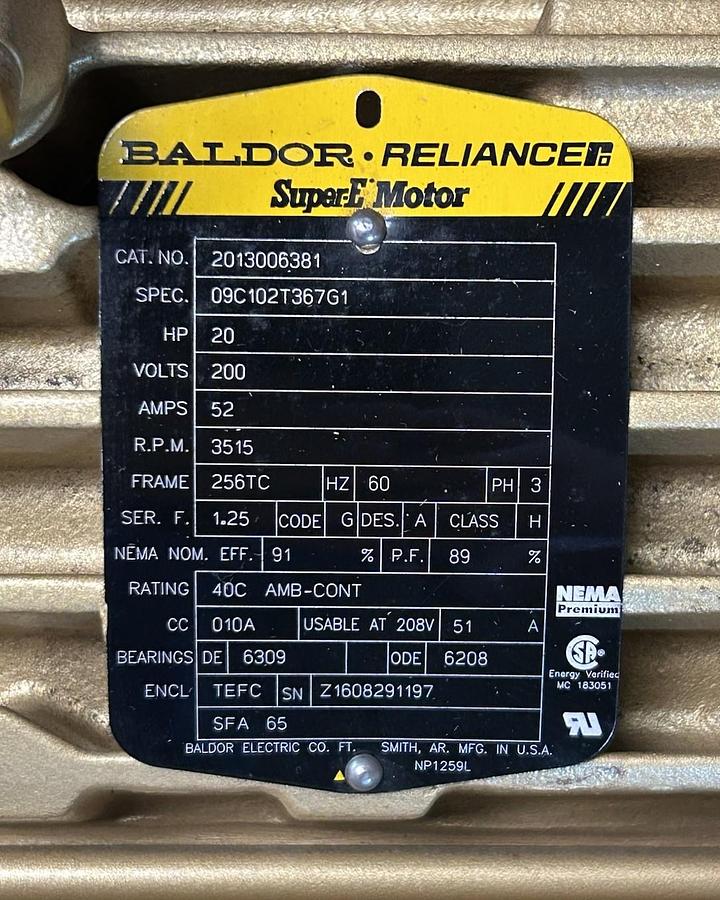 BALDOR,2013006381,SUPER-E MOTOR 20HP 200V 3515RPM 3PH 256TC FRAME