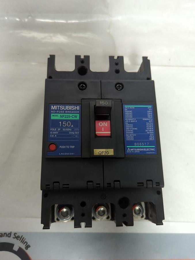 Used MITSUBISHI,NF225-CW,NO-FUSE CIRCUIT BREAKER 3-POLE 150 AMP PRE-OWNED