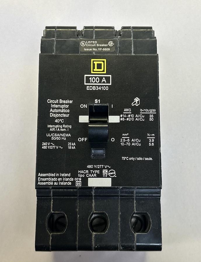 SQUARE D,EDB34100,CIRCUIT BREAKER 100A 480Y / 277V 3P NOS