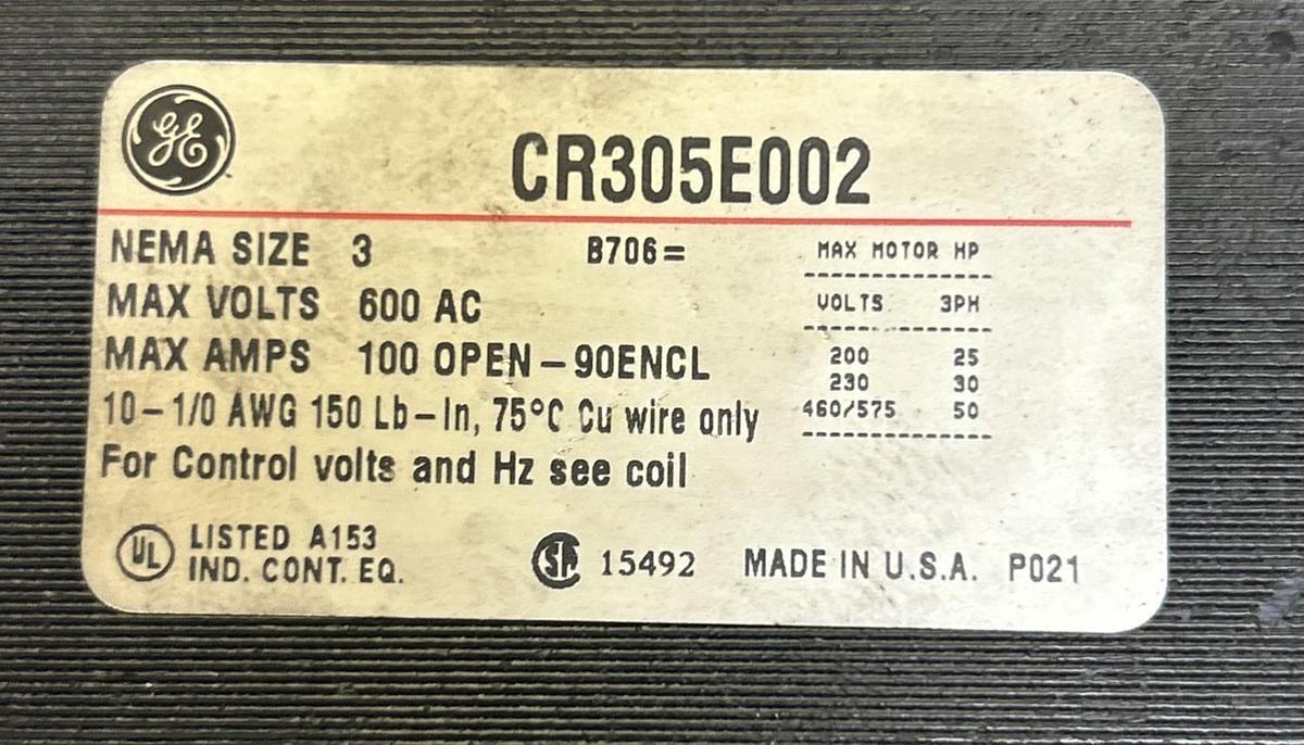 Used GENERAL ELECTRIC,CR305E002,SIZE 3 CONTACTOR 100A 600V