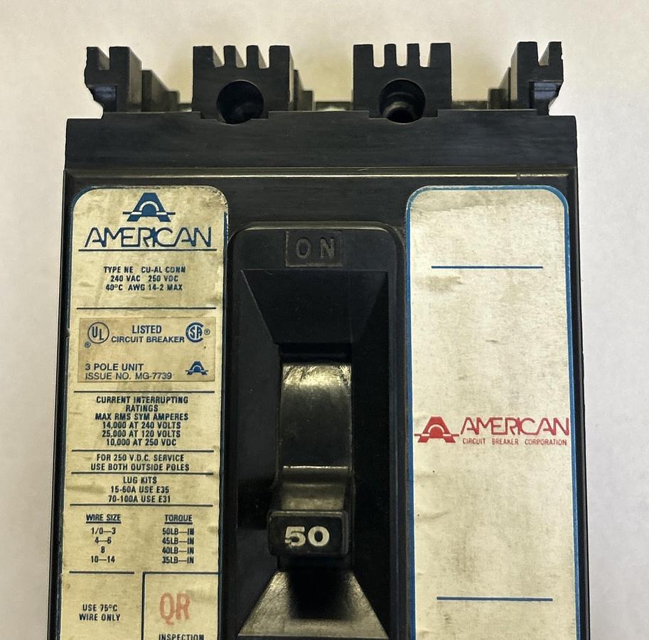 Used AMERICAN,NE350,CIRCUIT BREAKER 50A 240V 3P