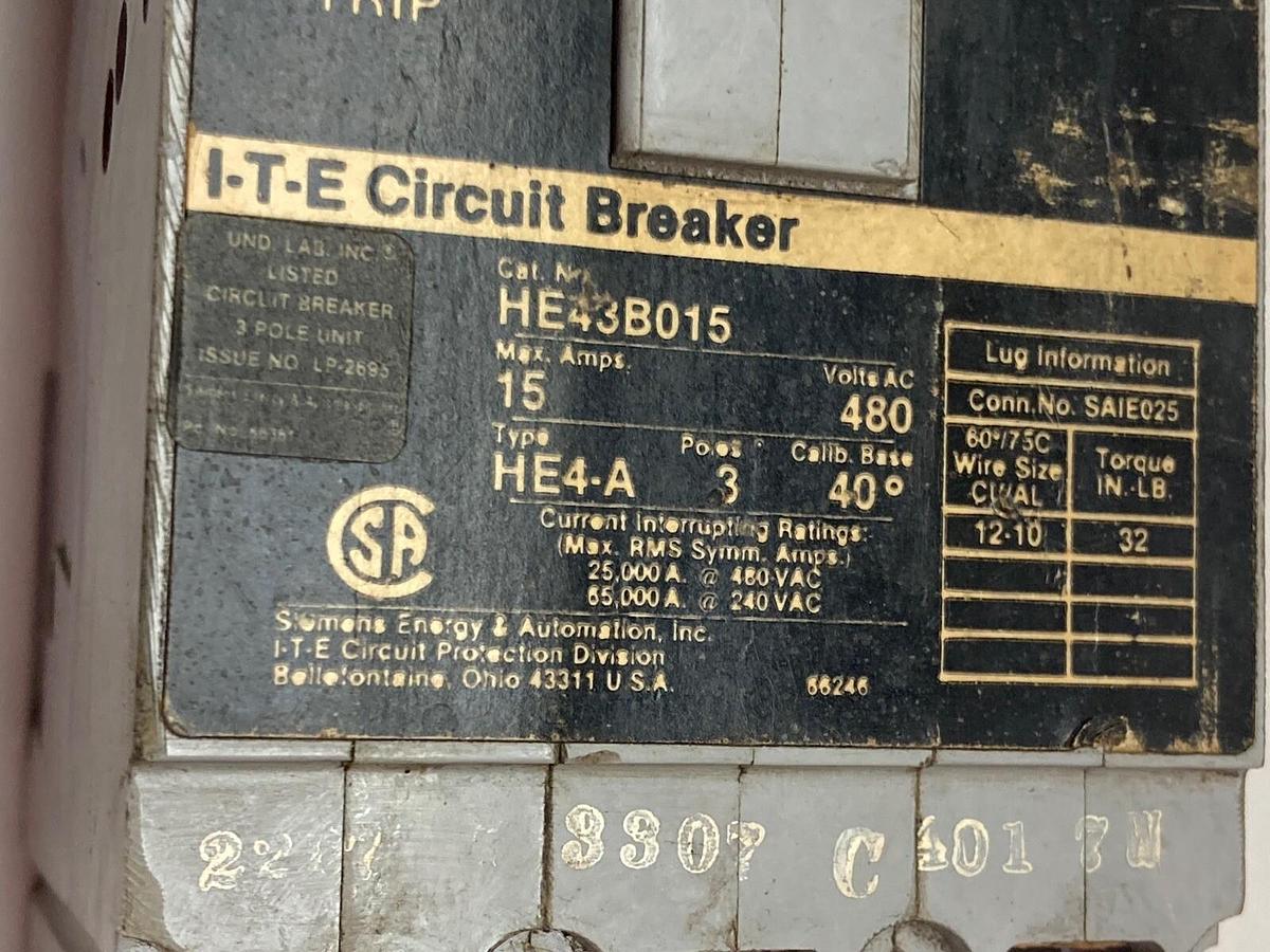Used ITE,HE43B015,3-Pole Circuit Breaker 15A 480Vac