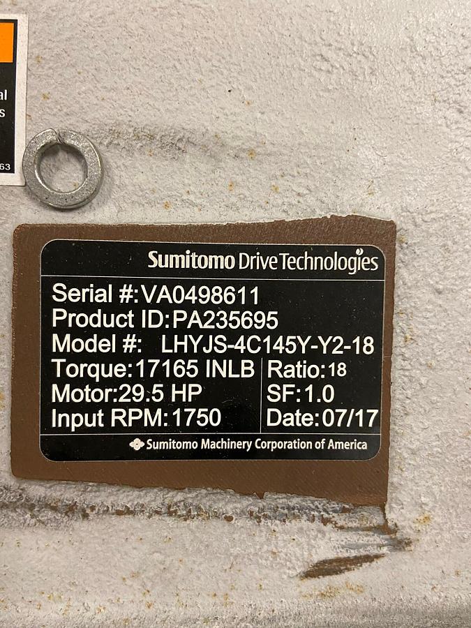 Used Sumitomo,LHYJS-4C145Y-Y2-18,Gear Reducer Ratio 18 Torque 17165In Lb Input 1750RP