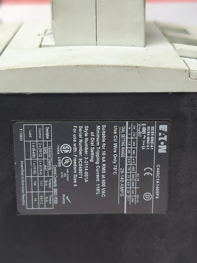 Used EATON,C440C1A140SF4,ELECTRONIC OVERLOAD RELAY STYLE 3-3114-001A PRE-OWNED