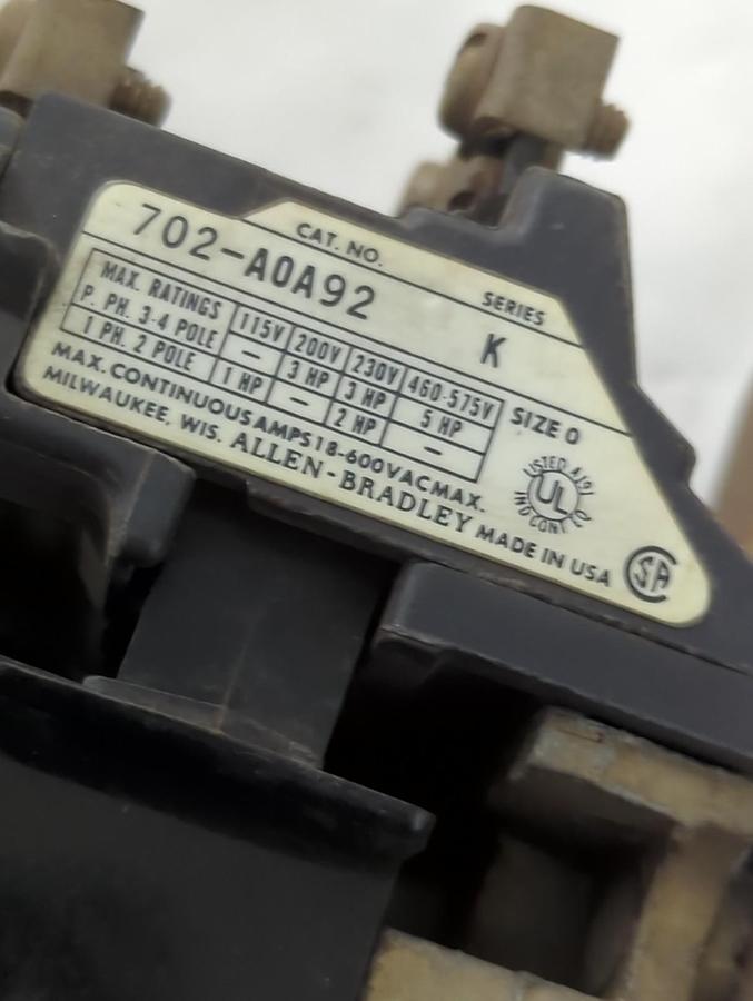 Used ALLEN BRADLEY,702-A0A92,SERIES K CONTACTOR SIZE-0 PRE-OWNED
