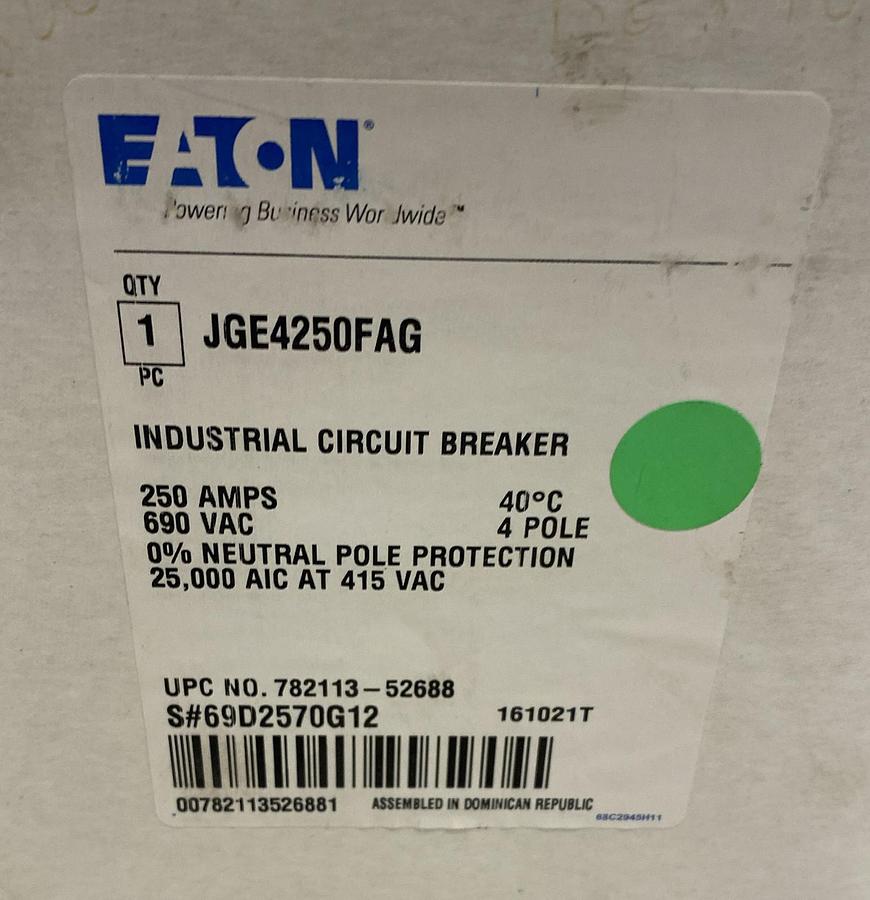 Used EATON,JGE4250FAG,CIRCUIT BREAKER 250A 690V 4 POLE NEW
