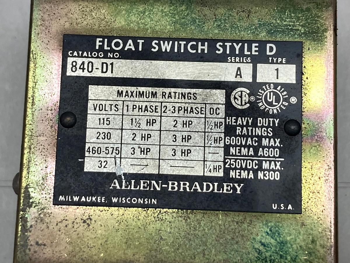 Allen-Bradley,840-D1,Style D Float Switch 600VAC 250VDC Series A Type 1