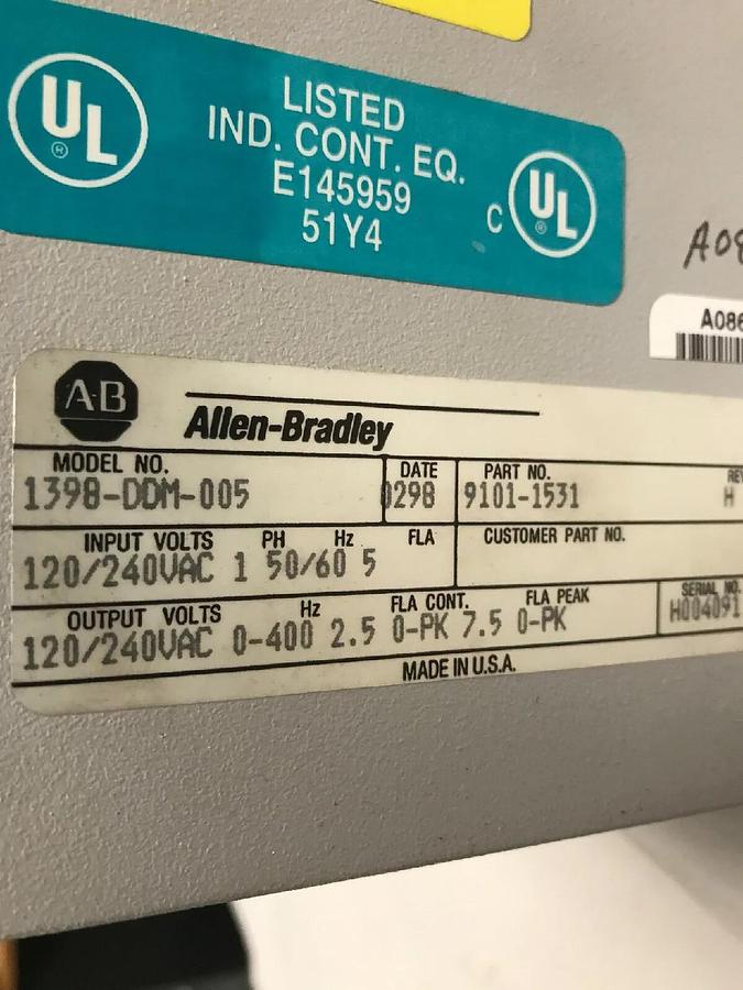 Used Allen Bradley,1398-DDM-005,Ultra Servo Drive 9101-1531 Series A