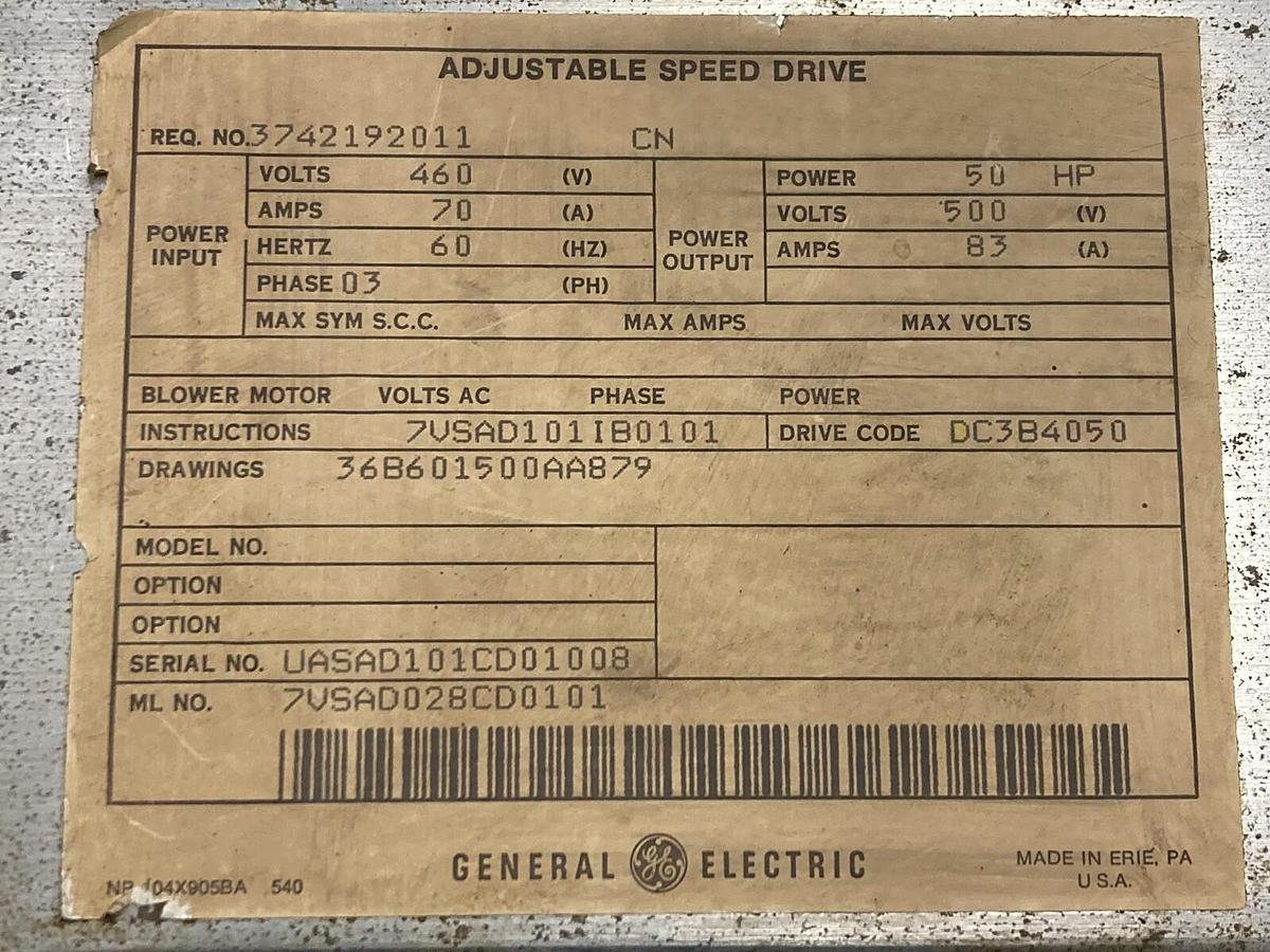 Used General Electric,7VSAD101IB0101,Adjustable Speed Drive 50 HP