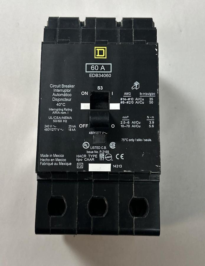 Used SQUARE D,EDB34060,CIRCUIT BREAKER 60A 277V 3P